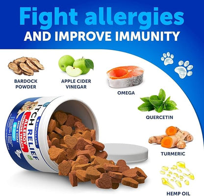 Dog Allergy Relief Chews - Itching Skin Relief for Dogs - Fish Oil - Omega 3 - Seasonal Allergies Pills - Skin & Coat, Anti Itch,Hot Spots Treatment - Canine Immune Health Supplement - 120 Soft Treats