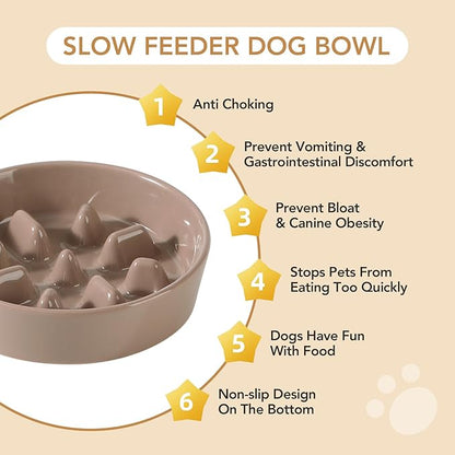Ceramic 0.9 Cup Dog Bowl Slow Feeder, 6.1inch Slow Pet Food Dish for Small Dog and Cat, Stop Bloat, Preventing Choking(Single Bowl, Brown Coffee)