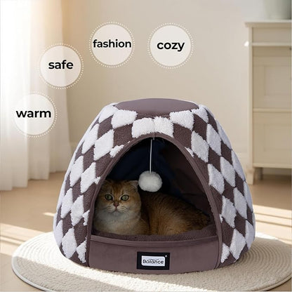 BALANCE Cat Beds for Indoor Cats, 2-in-1 Cat Bed Cave with Anti-Slip Bottom and Ultra-Soft Plush, Cozy Cats House Tent for Kittens and Small Dogs, 19 Inches, Dark Brown