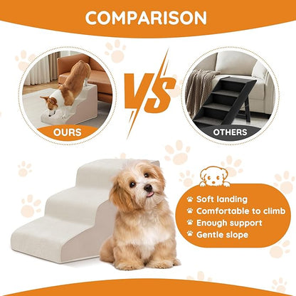 Pet Stairs, Dog Stairs for Small Dogs, Dogs Steps, 3-Step Curved Dog Ramp for Bed, Couch, Sofa, Car and Chairs, Non-Slip Bottom Design, Cat Scratching Board, High Density Foam Portable Pet Step, Beige