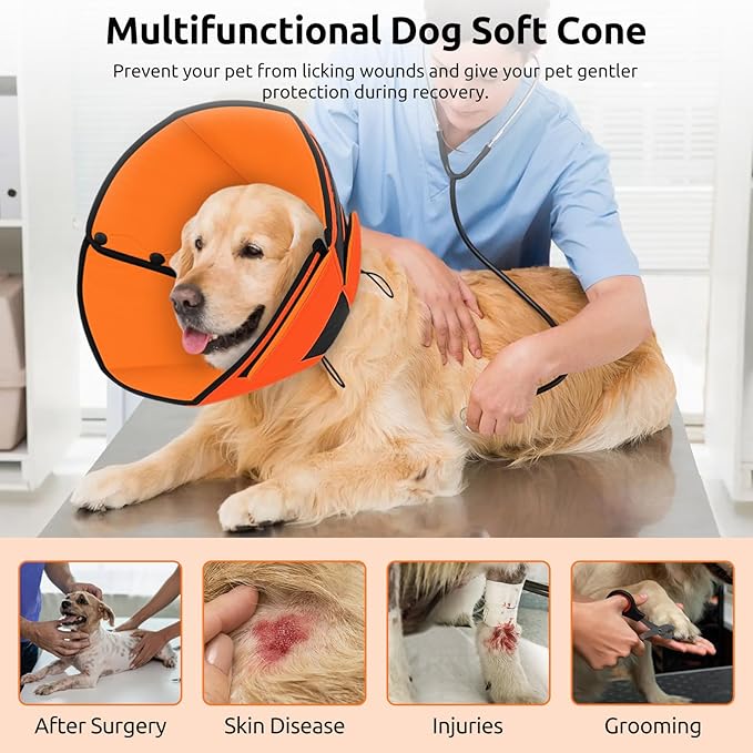 Queenmore Dog Cone, Dog Cone for Large Dogs, Soft Dogs Cone Collar After Surgery for Neutering, Breathable Pet Cones, Adjustable E-Collar Alternative to Stop Licking, Orange XL