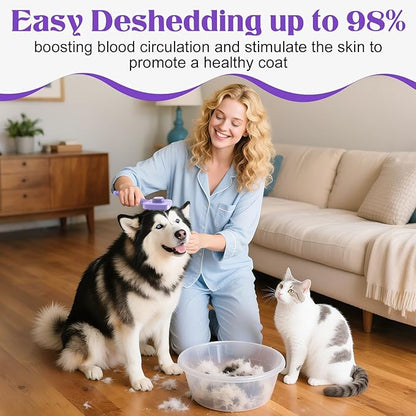 Self Cleaning Dog Brush for Shedding - Bristle Brush and Long/Short Needles Design, Skin Friendly, Slicker Deshedding Dog Brush, Hair Removal for Long & Short Haired Pets (Purple)