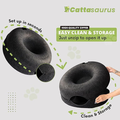 Cattasaurus Peekaboo Cat Cave Duo Jumbo Set, Extra Spacious Cat Donut for Multiple & Large Kitty 15+ lbs, Scratch Detachable Cat Beds for Indoor Cats, Washable Cat Tunnel Bed, Best Kitten Toys