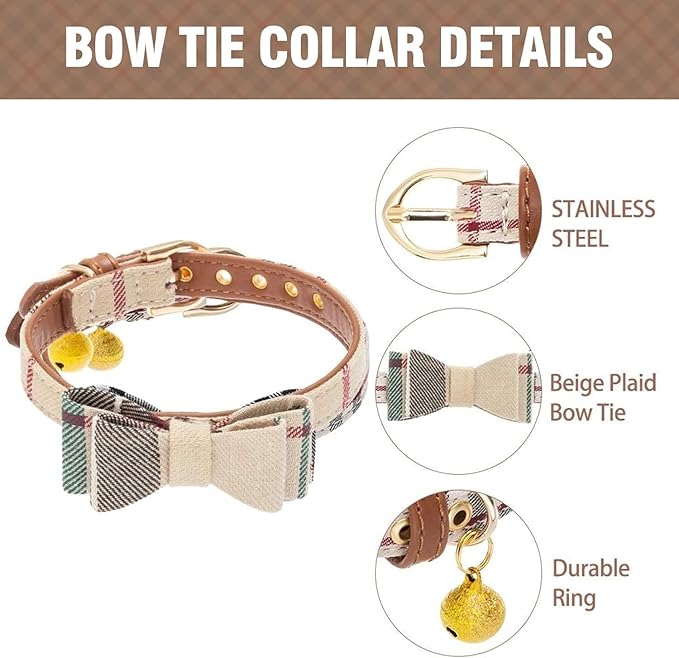 KOOLTAIL Small Dog Collar and Leash Set with Bowtie and Bells - Puppy Collar and Leash for Boy or Girl with Classic Plaid Matching Pattern, Soft Leather Tangle Free Leashes for Small Dogs,Cats,Beige