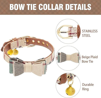 KOOLTAIL Small Dog Collar and Leash Set with Bowtie and Bells - Puppy Collar and Leash for Boy or Girl with Classic Plaid Matching Pattern, Soft Leather Tangle Free Leashes for Small Dogs,Cats,Beige