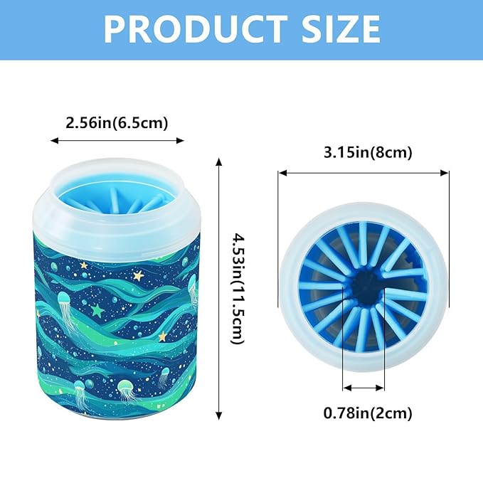 Dog Paw Cleaner Cups for Dogs Pets Foot Washer Paw Scrubber for Medium Small Cats Dogs Cleaning Cup Blue Sea Wave Jellyfish and Stars