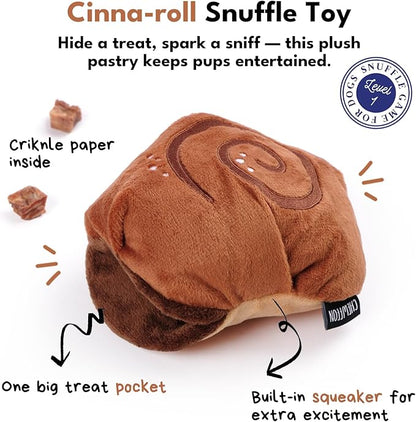 CHEWFFON Interactive Dog Enrichment Snuffle Toy, Squeaky Dog Toys, Cute Soft Puppy Gifts, Crinkle Treat Puzzle Toys for Brain Stimulation, Cinnamon Roll Toy for Small and Medium Size Dogs