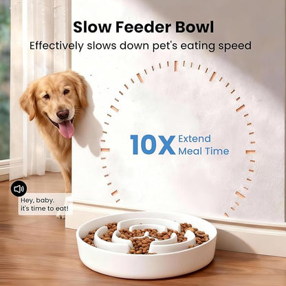 Ceramic Slow Feeder Dog Bowls,2.0 Cups Slow Feeder for Medium Large Breed,Puzzle Dog Food Bowl to Slow Down Eating, Anti-Gulping, Stop Bloat,Preventing Choking,Anti-Slip,8in,White