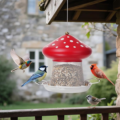 IWNTWY Bird Feeder, Heavy Duty Metal Bird Feeders for Outdoor Hanging, Cute Mushroom Shape 3.5 LB Large Capacity Wild Birdfeeder for Outside Garden Yard (Red)