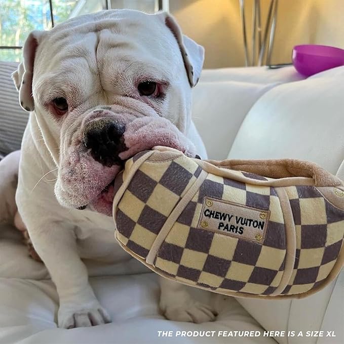 Haute Diggity Dog Checker Chewy Vuiton Handbag, Plush Designer Dog Toys with Interactive Squeaker, Stimulating Pet Enrichment, Machine-Washable & Safe Materials for All Breeds, Size XL