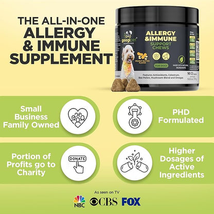 Googipet Dog Allergy Chews, Seasonal Dog Allergy Relief & Itchy Skin Relief, Skin & Coat Supplement +Bee Pollen, Colostrum, Coconut Oil, Probiotics, & Omega 3 Fish Oil for Dogs (Peanut Butter Flavor)