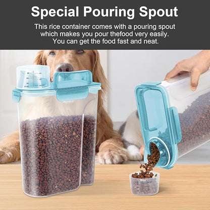 5-7Lbs Cat Dog Storage Container, Portable Pet Food Containers with Upgraded Large Spout and Cup, Small Animal Kibble Dispenser for Bird Seed, Oatmeal, Rice, Flour-Clear Blue