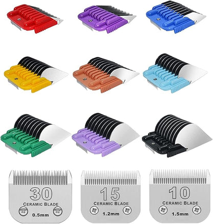 Professional Animal Stainless Steel Attachment 9 Color Guide Comb Set with Size #10/15/30 Detachable Dog Grooming Blade,Compatible with Andis, Oster A5, Wahl KM10 Series Clipper