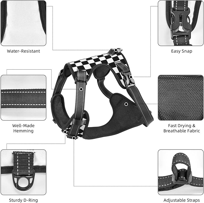 Black White Plaid Reflective Dog Harness No Pull Soft Vest Harness for Small Medium Large Dog Puppy Pets X-Large Size