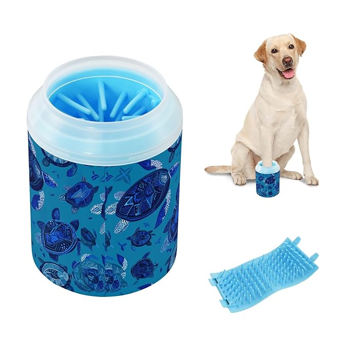 Dog Paw Cleaner Cups for Dogs Pets Foot Washer Paw Scrubber for Medium Small Cats Dogs Cleaning Cup Blue Ethnic Sea Turtles and Seaweed