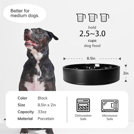 Slow Feeder,Ceramic-Slow Feeder Dog Bowls,Puzzle Food Bowl Maze,2.5 Cups Slow Feed Dog Bowl for Medium and Large Breed Dogs,Black