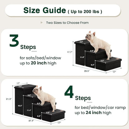 Love's cabin Dog Stairs with Storage,3 Steps Wider Dog Steps for High Bed 18" H,Foldable Pet Stairs for Small Medium Large Dogs Cats for Bed Couch Car,Ramp with Zip up to 200 lbs,Black,No Condo