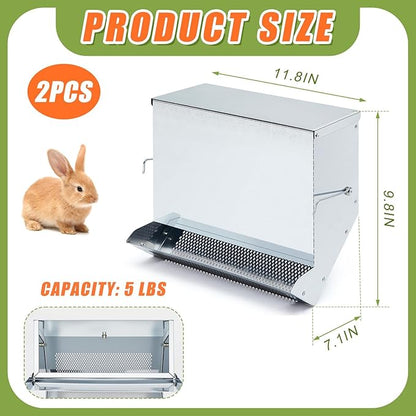 Maxcheck 2 Pcs Rabbit Feeder for Cages Small Animal Food Dispenser with Lid Metal Chicken Grit Oyster Shell Feeders Outside (11.8 Inches,Mesh Bottom,Silver)