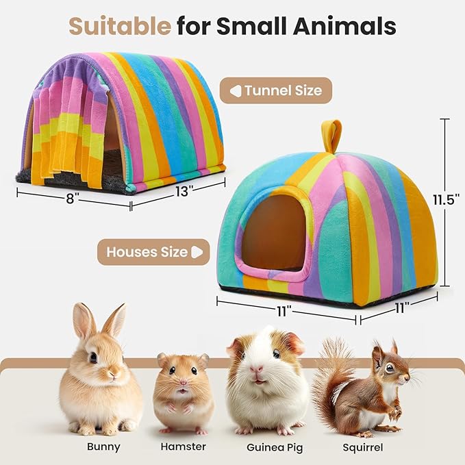 TailoWag Guinea Pig Hideout Soft Large Bed Tunnel with Door Curtain 2 Pack Guinea Pig Toys Set Bunny Bed Cage Accessories for Small Animals (Rainbow)