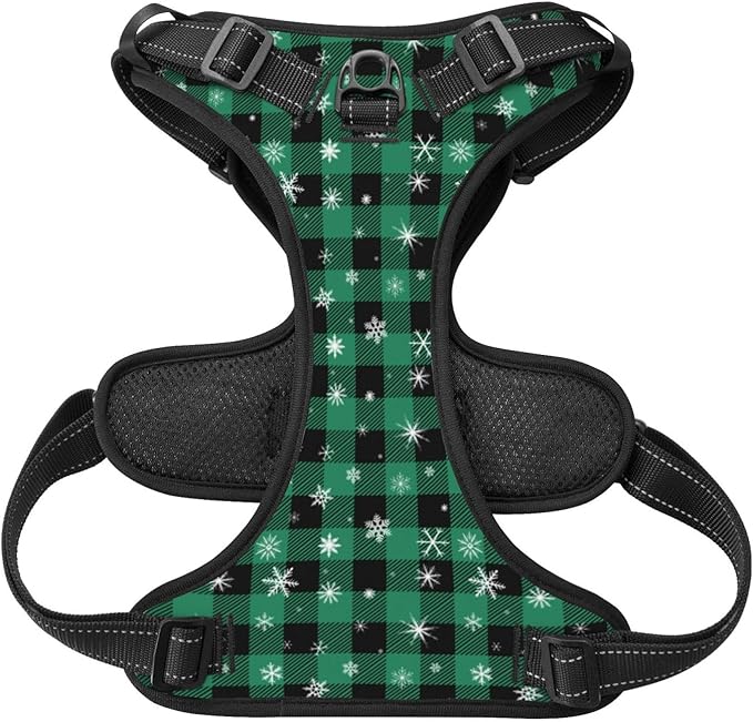 Green Plaid Snowflake Reflective Dog Harness No Pull Soft Vest Harness for Small Medium Large Dog Puppy Pets (Medium Size)
