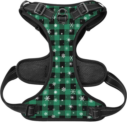 Green Plaid Snowflake Reflective Dog Harness No Pull Soft Vest Harness for Small Medium Large Dog Puppy Pets (Medium Size)