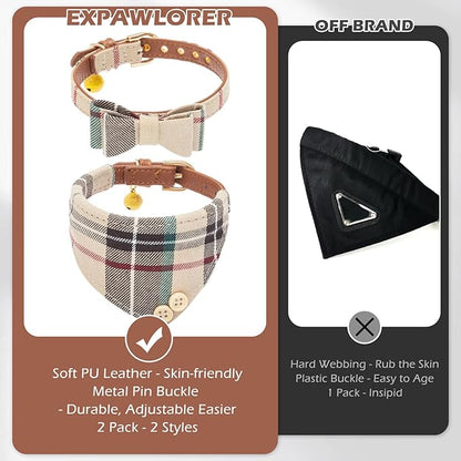 EXPAWLORER Dog Collar and Bandana Set - Classic Plaid Dog Bow Tie and Bandana Collar with PU Leather, Adjustable Collars for Small Medium Large Dogs Cats, Holiday Ideal Gift, Beige XS
