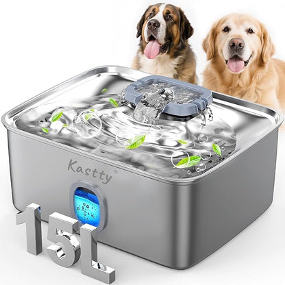 Kastty 15L/3.96 Gal Stainless Steel Dog Water Fountain, Large Capacity Dog Water Bowl Dispenser Quiet LED Light Triple Filtration BPA-Free, Automatic Pet Water Fountain Easy Cleaning for Pet FS76