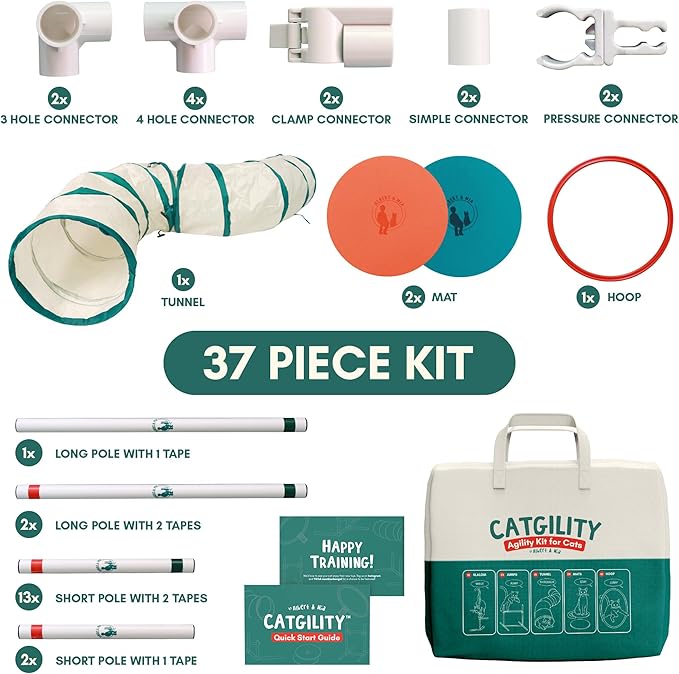 ALBERT & MIA CATGILITY Cat Agility Equipment + Clicker Trainer Guide – Exercise Agility Course – Jumping Hurdles & Hoop, Tunnel (Small Dog & Cat Training) Clicker Training Obstacle Course for Cats