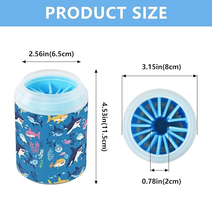 Dog Paw Cleaner Cups for Dogs Pets Foot Washer Paw Scrubber for Medium Small Cats Dogs Cleaning Cup Sharks Fishes and Seaweed Blue