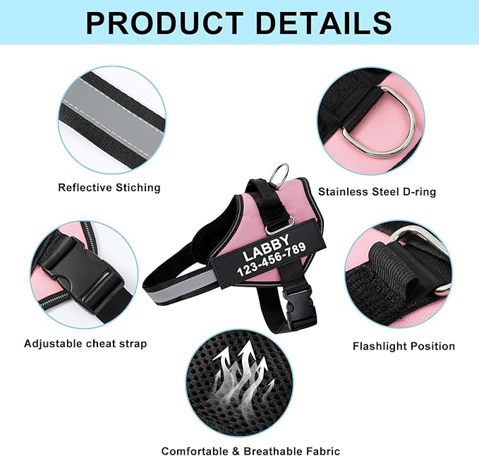 Custom No Pull Dog Harness with Name and Phone Number, Reflective Heavy Duty Personalized Pet Vest, Breathable Adjustable Harness (Black, XL)