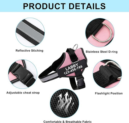 Custom No Pull Dog Harness with Name and Phone Number, Reflective Heavy Duty Personalized Pet Vest, Breathable Adjustable Harness (Black, XL)