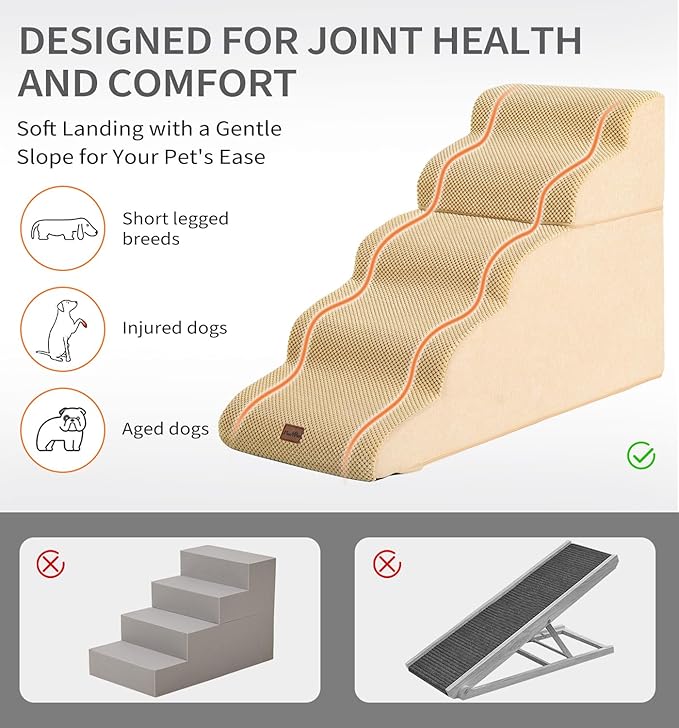 Made4Pets Dog Stairs Ramp for High Bed 22.8" H, 5-Step Pet Stairs for Bed Couch Sofa Climbing, 35D Foam Pet Steps for Small Dogs and Cats, Non-Slip Bottom Dog Steps, Tan