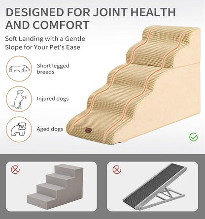 Made4Pets Dog Stairs Ramp for High Bed 22.8" H, 5-Step Pet Stairs for Bed Couch Sofa Climbing, 35D Foam Pet Steps for Small Dogs and Cats, Non-Slip Bottom Dog Steps, Tan