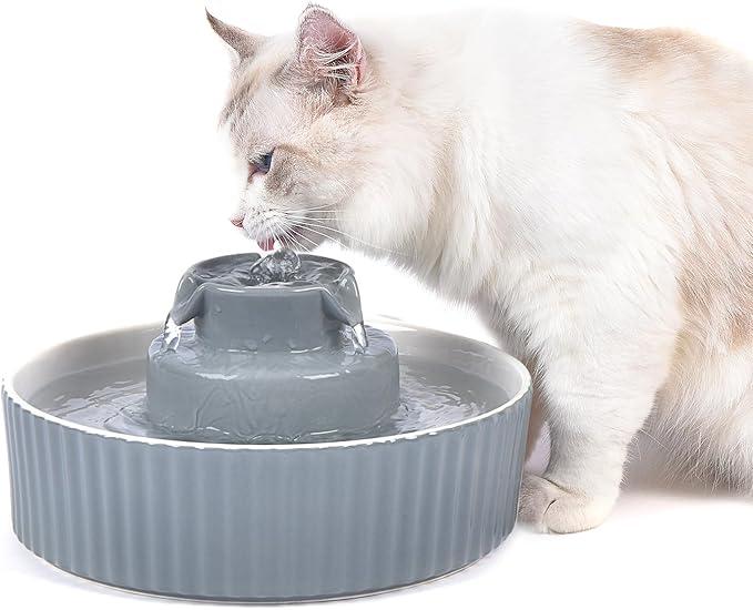 Ceramic Cat Water Fountain, Ceramic Pet Fountain, 2.1 L Drinking Fountains Bowl for Cats and Dogs with Replacement Filters and Foam(Grey)