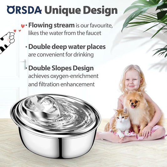 ORSDA Cat Water Fountain Stainless Steel, 3L Automatic Pet Drinking Fountain for Cats Inside, Dog Water Dispenser with Adjustable Water Flow and 6 Replacement Filters for Cats, Dogs