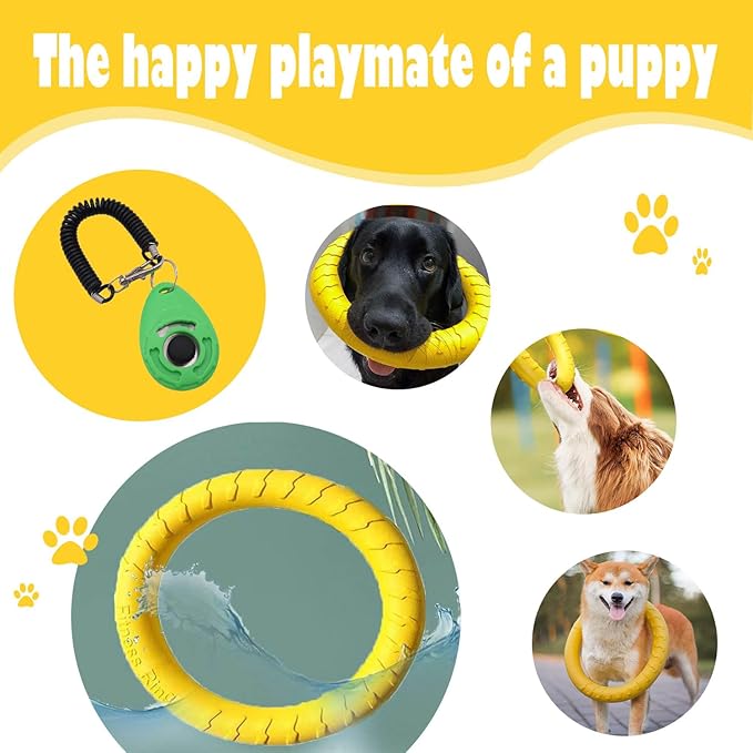 Dog Training Ring - Pet Fun Training Set of Yellow Interactive Dogs Ring and Green Pet Training Clicker,dogtraining Toy/Dog chew Toy for Aggressive chewers,Medium-Sized/Large
