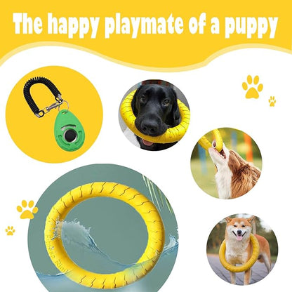 Dog Training Ring - Pet Fun Training Set of Yellow Interactive Dogs Ring and Green Pet Training Clicker,dogtraining Toy/Dog chew Toy for Aggressive chewers,Medium-Sized/Large