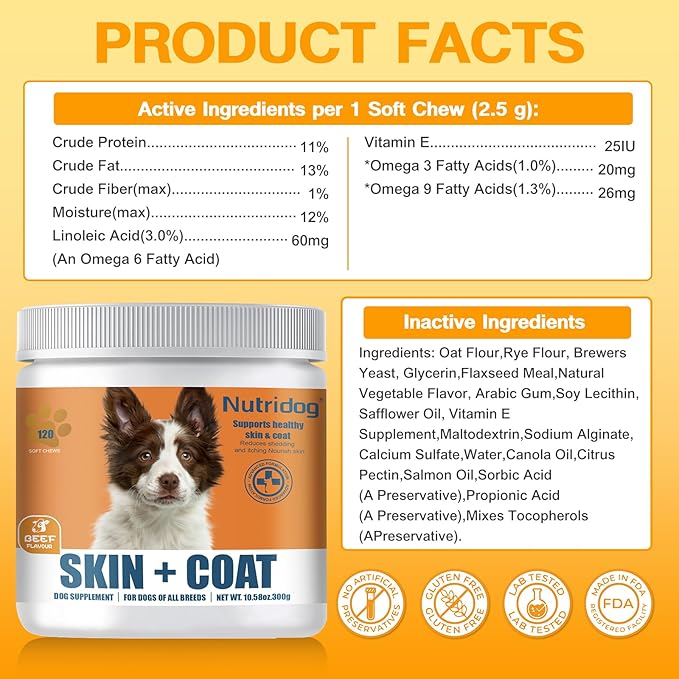 Skin & Coat Supplement for Dogs - Allergy Relief Chews with Omega 3, 9 & Vitamin E, Itchy Skin Treatment, Beef Flavor Soft Chews (120 Count) (Beef)