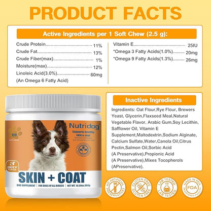 Skin & Coat Supplement for Dogs - Allergy Relief Chews with Omega 3, 9 & Vitamin E, Itchy Skin Treatment, Beef Flavor Soft Chews (120 Count) (Beef)