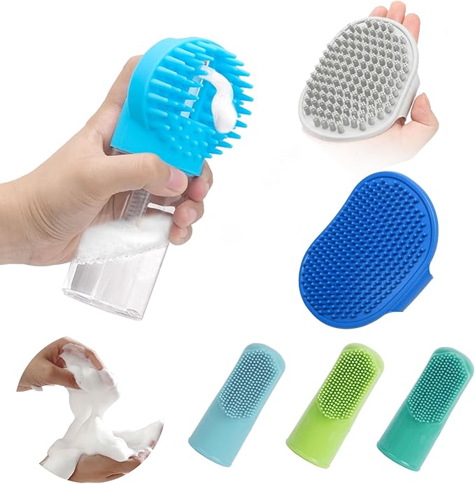 (6 Pcs) ELEGX Pet Grooming Bath Massage Brush with Soap and Shampoo Dispenser Soft Silicone Bristle for Long Short Haired Dogs Cats Shower (Deep blue kit)