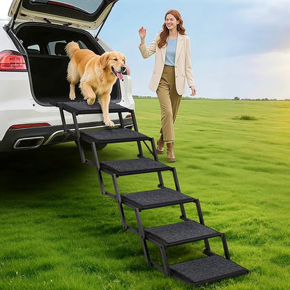 Extra Wide Dog Steps for Car, Truck and SUV - Foldable Pet Stairs for Large Dogs with Non-Slip Rug Surface, Lightweight Dog Ramp Holds Up to 250lbs, 6 Steps