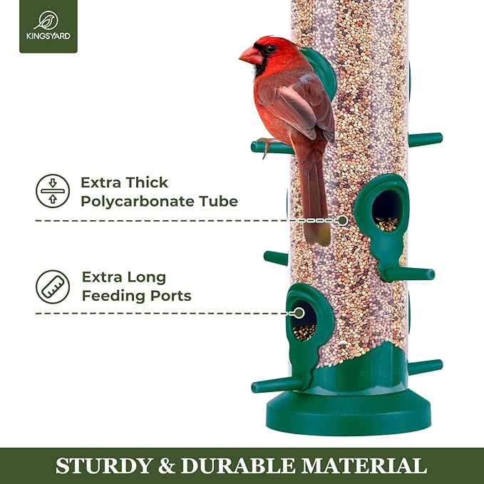 Kingsyard 2 Pack Tube Bird Feeders for Outdoors Hanging, Premium Hard Plastic Bird Feeder with 6 Feeding Ports, Weatherproof & Steel Hanger, Attracting for Wild Birds (Green)