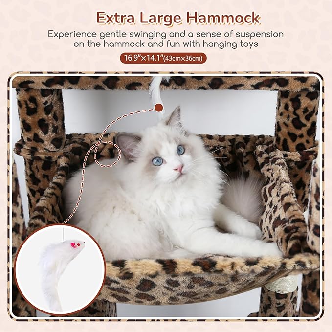 Globlazer Heavy Duty Cat Tree Tower, 70inch Sturdy Cat Tree for Indoor Cats Sturdy Large Cat Tower with Scratching Post and Board, Hammock, 2 Cat Condo for Adult Cats Kittens, F70 Pro, Leopard Print