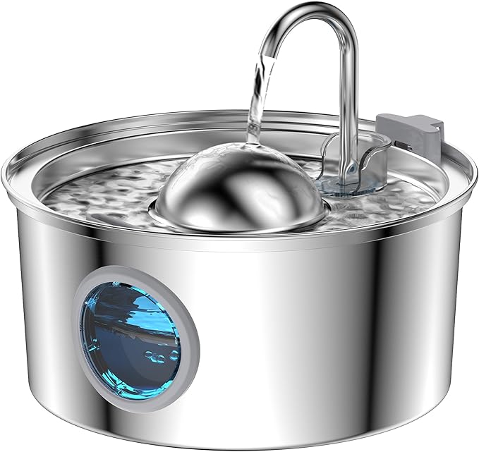 AONBOY Cat Water Fountain Stainless Steel, 108oz/3.2L Cat Fountain, Pet Water Fountain with Water Level Window, Hemispherical Shape, Multi-Filter, Silent Pump, Water Tap, Provides Flowing Water