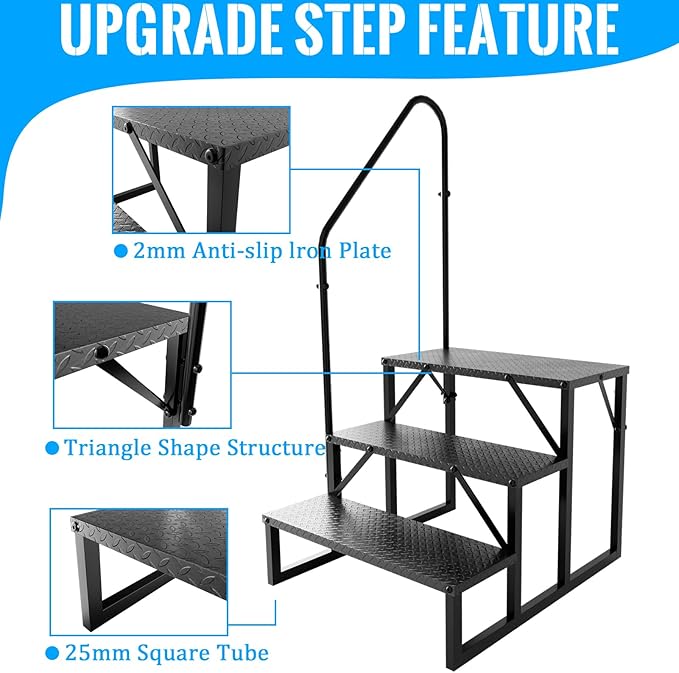 RV Step Stool, 3 Step Ladder, Hot Tub Steps with Handrail, Portable Pool Ladder, 660Lbs Heavy Duty Ladder Shelf Outdoor Mobile Home Stairs for Camper/Porch/SPA Pool/Pet Stairs(1 Pack)