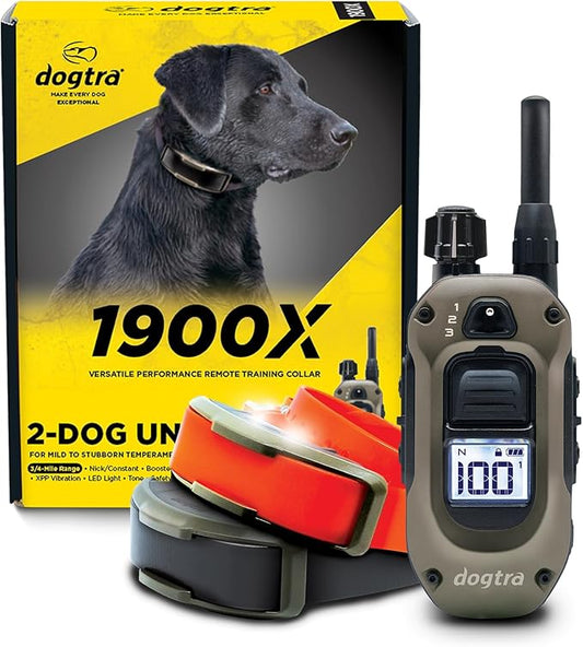 Dogtra 1900X 2-Dogs E-Collar with Remote [New Edition] 35 lbs+, 3/4 Mile Range, LED Light, 100 Levels Control for Stubborn Dogs, Waterproof, Boost for Quick Recall, Vibration, Safety Lock & Tone