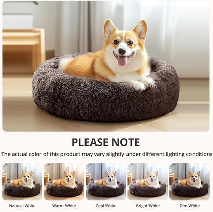 JOLLYVOGUE Small Dog & Cat Beds for Indoor Cats, Donut Cuddler Warming Soft Dog Beds with Anti-Slip Bottom, Round Calming Fluffy Plush Faux Fur Cushion Bed for Large Dogs (36")