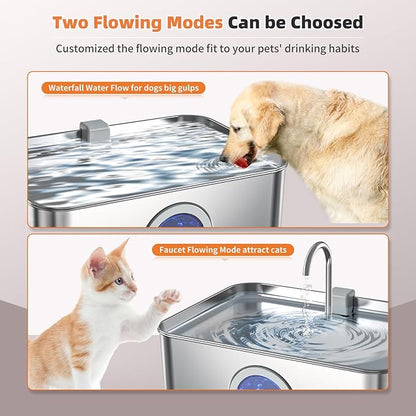 12L/3.2Gal Dog Water Fountain Stainless Steel with Silicone Mat & 3 Set Filters, DYSJ01 Dog Fountain Water Bowl for Large Dogs Cats & Multi-Pet Home with Water Level Window & LED Indicator