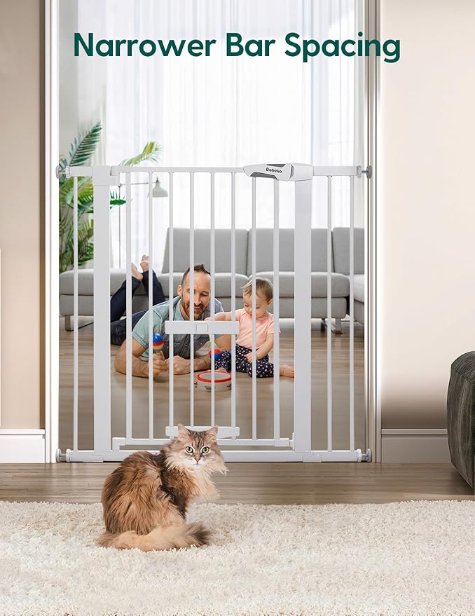 BABELIO 36 Inch Extra Tall Baby Gate with Cat Door, 29-48" Metal Pet Door for Stairs, Doorways, Auto Close, Easy Walk Thru,White