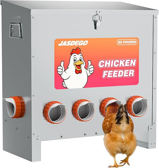 JASDEGO 6 Ports Automatic Chicken Feeder 85 Pounds Large Gravity Fed Chicken Feeder with Latch & Handle for Chickens Bantams Pheasants Poultry Coop Weatherproof